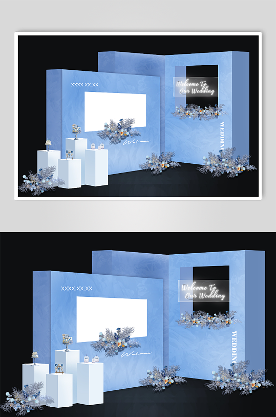 淡蓝色L型婚礼甜品区效果图设计