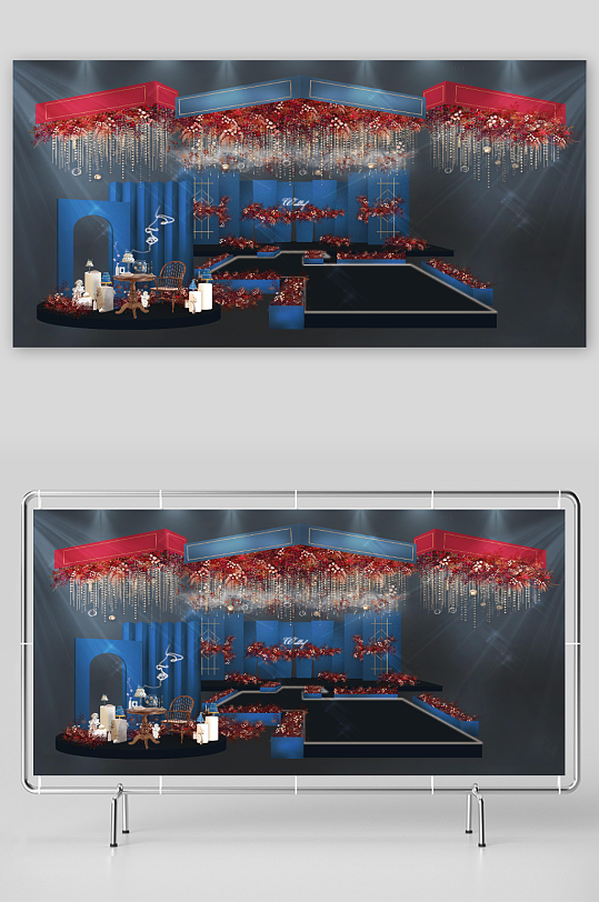 红蓝吊顶婚礼宴会厅效果图