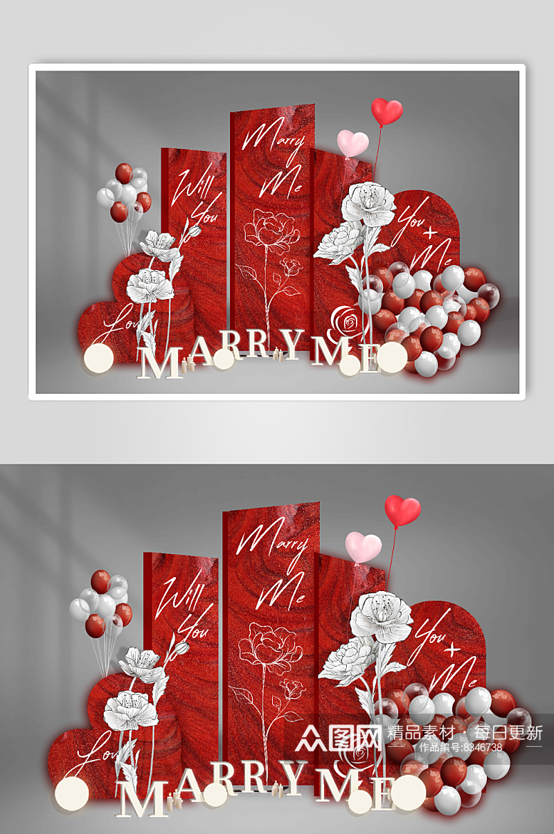 红色大理石求婚结婚订婚爱心气球玫瑰纸花简素材