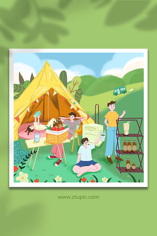 野餐聚会夏日派对扁平化风格露营人物插画