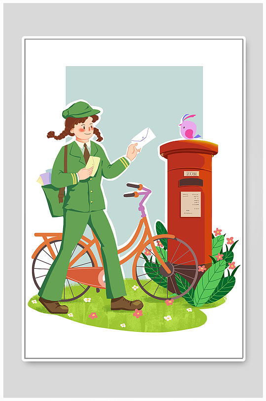 卡通可爱女孩邮差信件邮递员人物插画-众图网