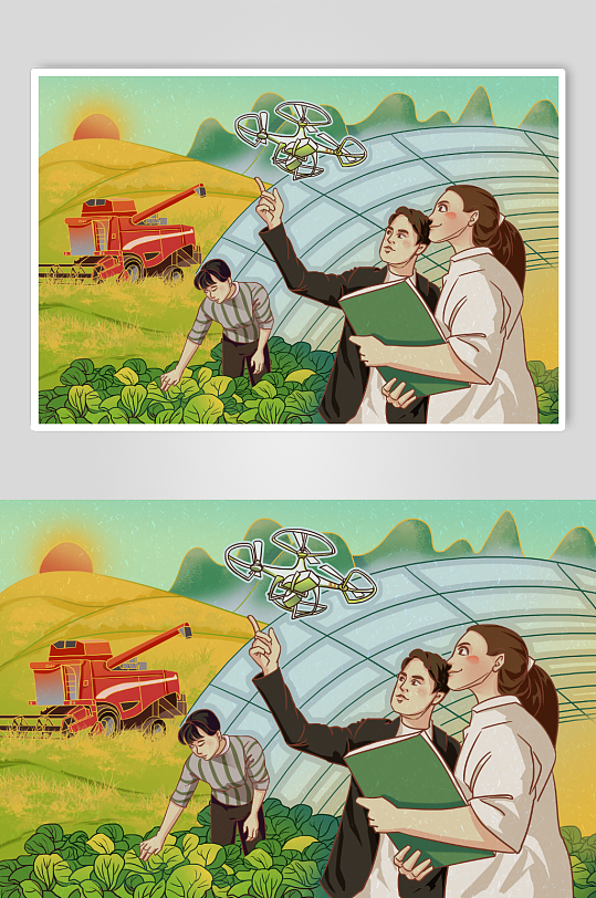 乡村振兴农业科技种植采摘村庄农村风景插画