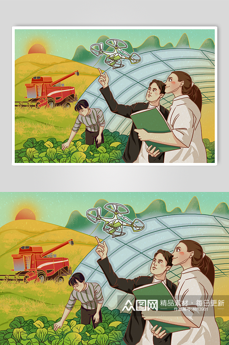 乡村振兴农业科技种植采摘村庄农村风景插画素材