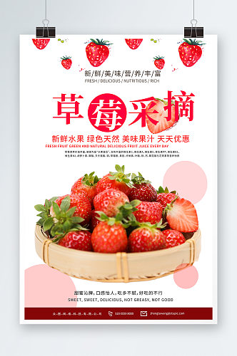 新鲜水果摘草莓摄影图海报