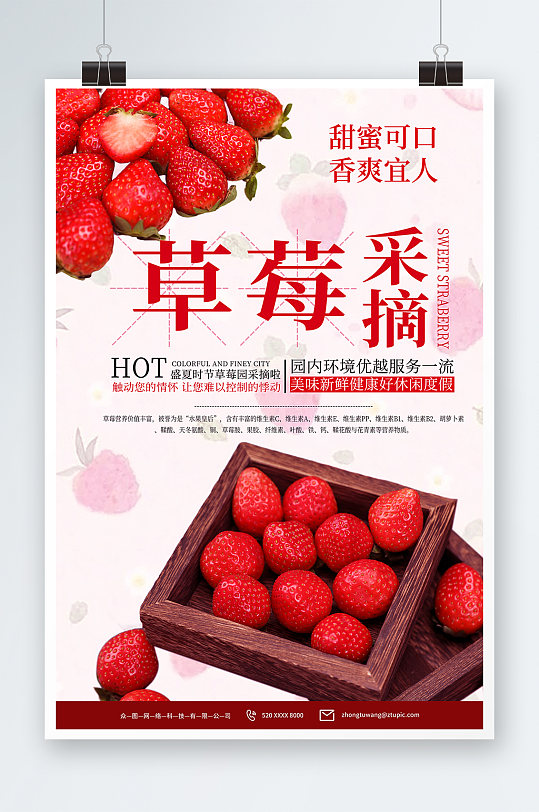 美味摘草莓摄影图海报