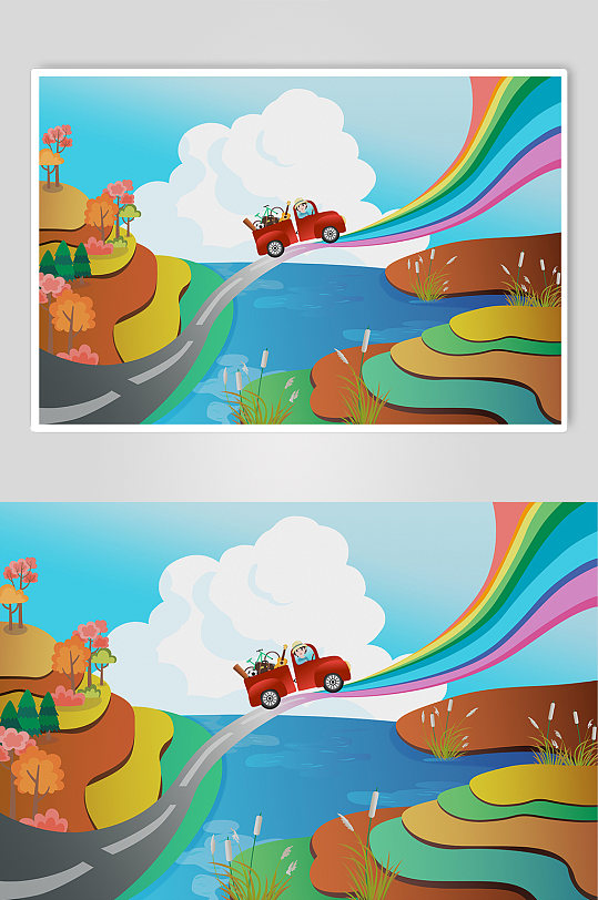 秋季秋游开车旅游旅行人物插画立即下载唯美大气彩虹韩文卡通人物矢量