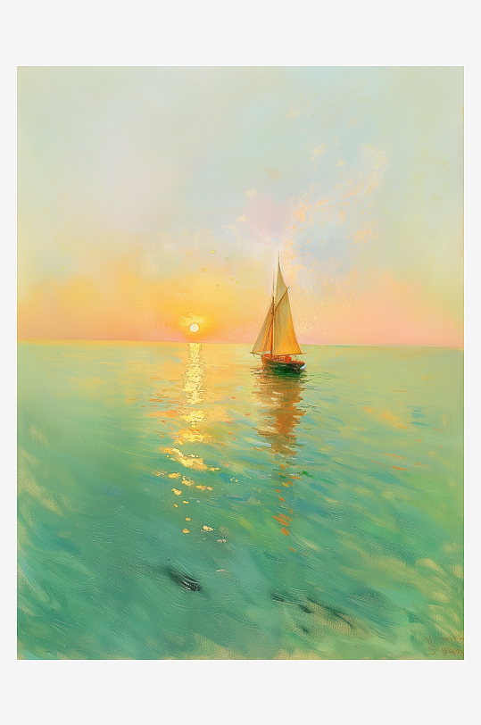 油画一副湖面上的帆船