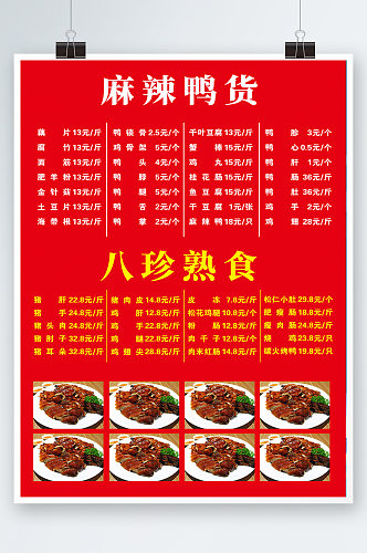 红色简约时尚大气鸭货美食熟食菜单海报