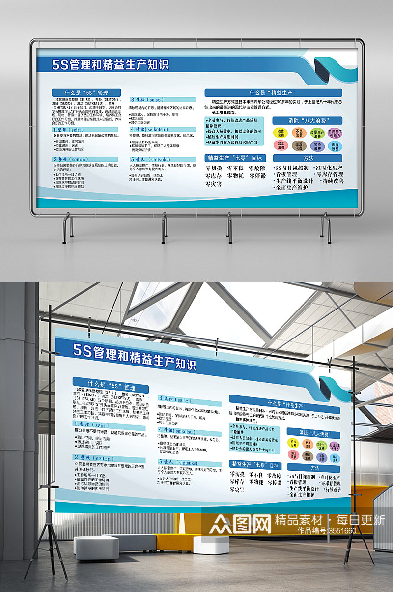 蓝色简约时尚大气企业精益生产展板素材