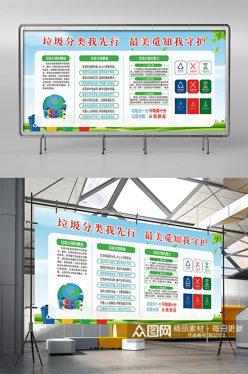 绿色简约插画垃圾分类世界地球环保展板素材