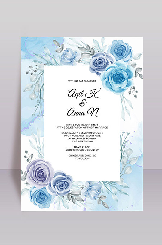 蓝色水彩花卉装饰婚礼邀请函卡片