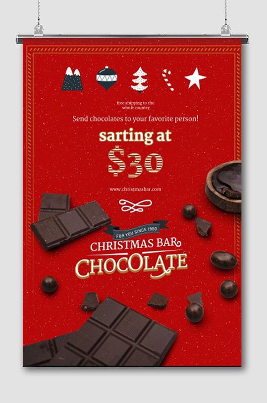 圣诞节巧克力宣传海报红色背景
