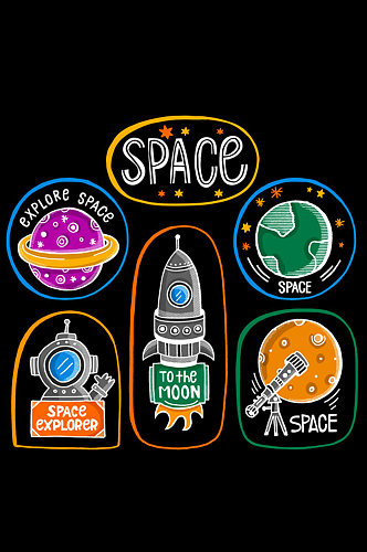 卡通宇宙飞船彩色太空宇航员火箭科技背景5
