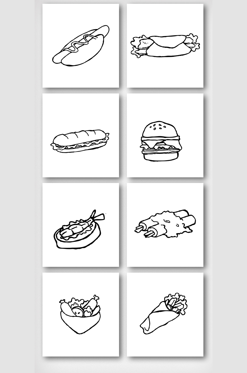 简约黑白线描汉堡美食元素素材