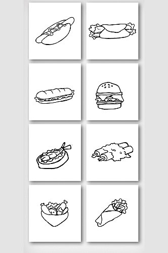 简约黑白线描汉堡美食元素