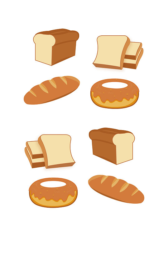 面包甜甜圈早餐矢量手绘卡通扁平素材