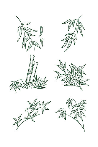 手绘线描竹叶植物装饰