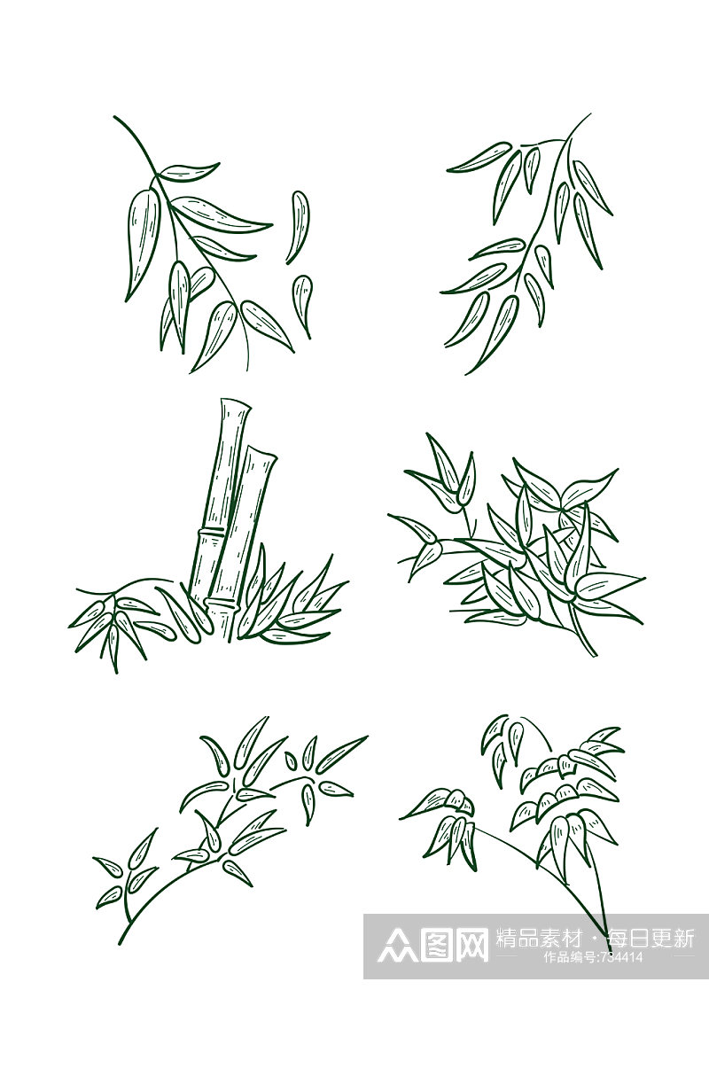手绘线描竹叶植物装饰素材