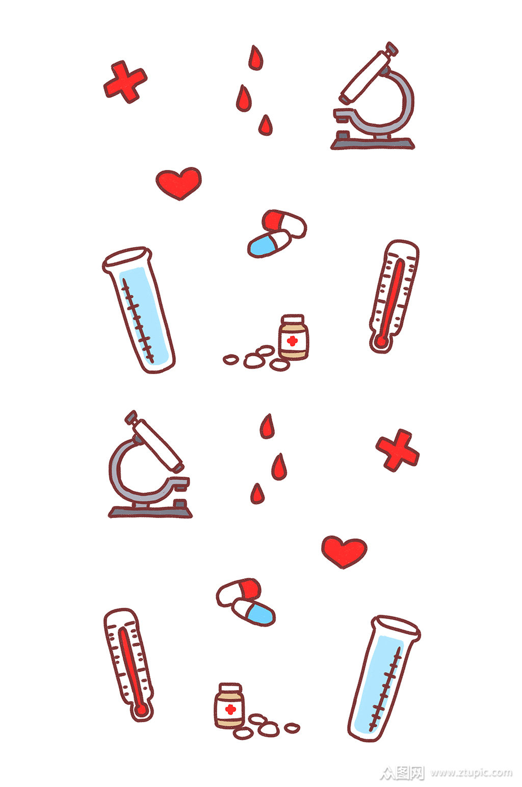 手绘医疗器械药片血滴插画元素素材