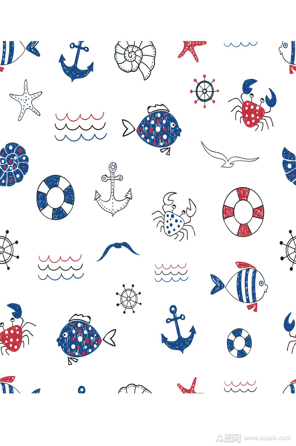 手绘可爱风格海洋元素无缝拼接图素材