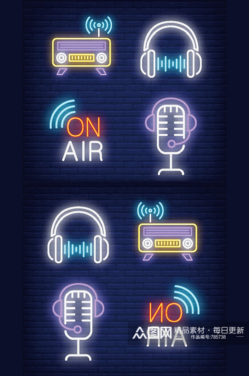 耳机收音机和麦克风霓虹灯标志素材