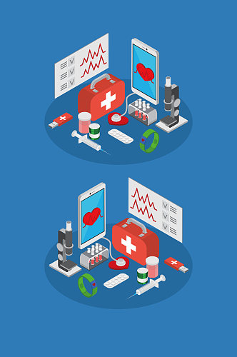 移动医学等距概念与医疗设备符号图解矢量