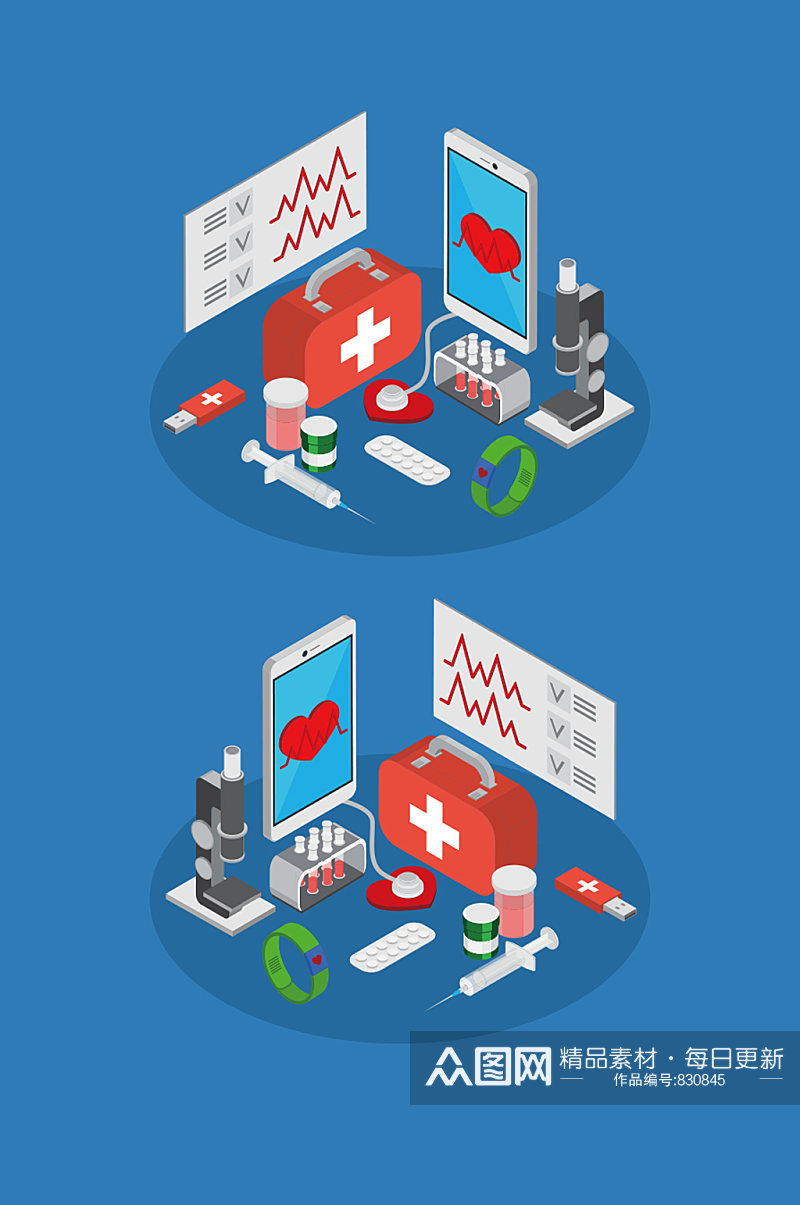 移动医学等距概念与医疗设备符号图解矢量素材