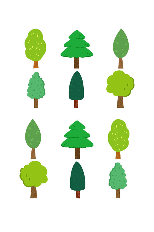 春天各种不同的树木卡通元素