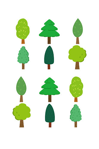 春天各种不同的树木卡通元素