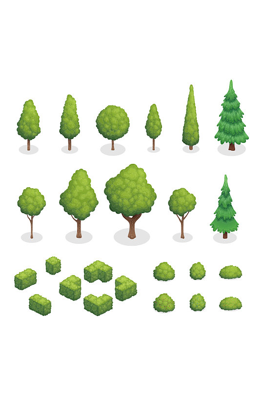 带有各种形状的绿树和灌木丛图解矢量