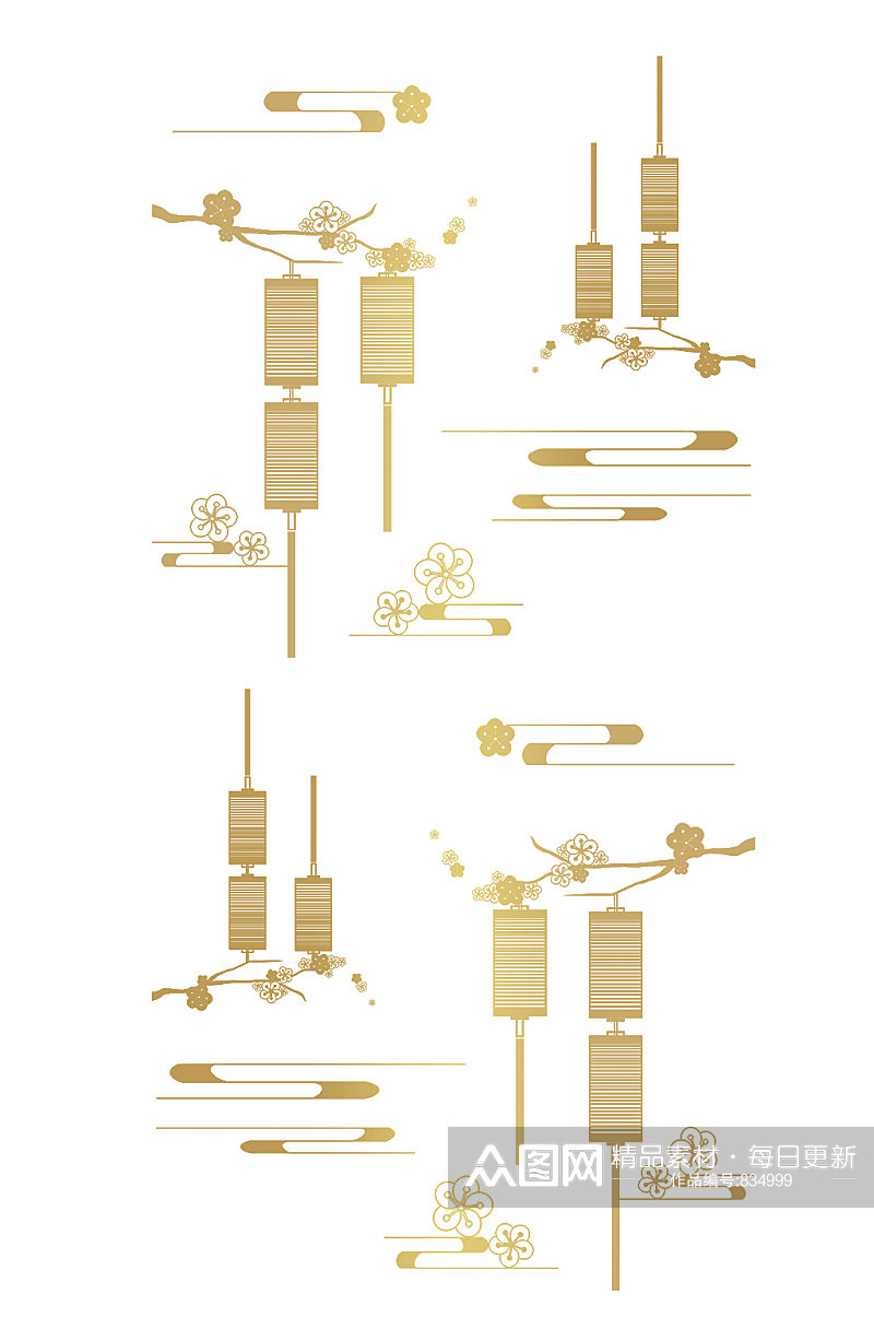 金线新年春节灯笼元素素材