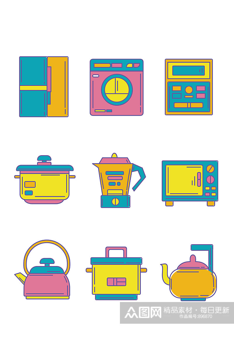 厨房电器用品彩色复古线性图标素材