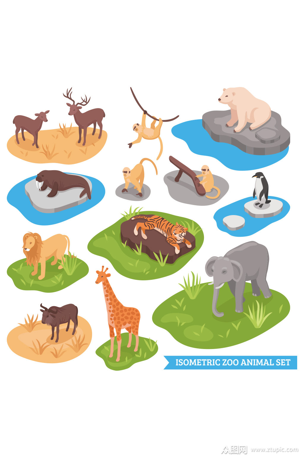 等轴测动物园动物集合矢量