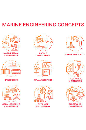 海洋工程红色概念图标设置桨轮船海上