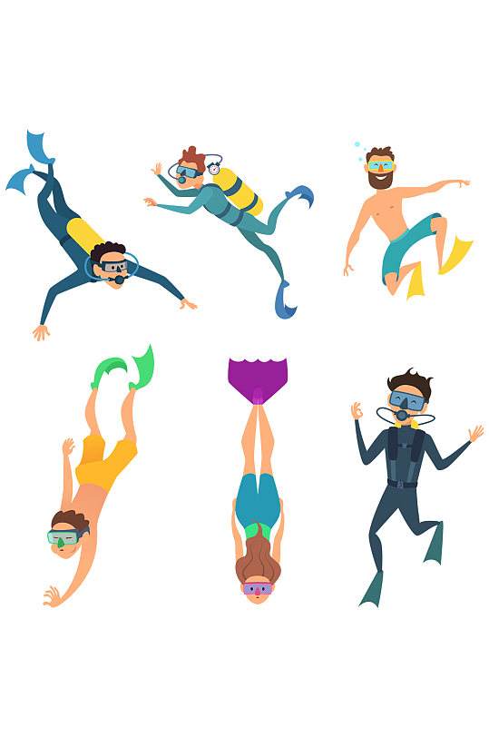 卡通人物集水下潜水者男人和女人浮潜
