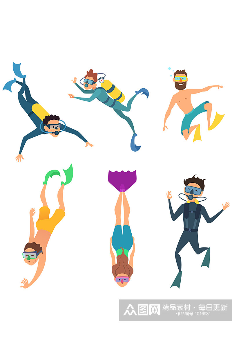 卡通人物集水下潜水者男人和女人浮潜素材