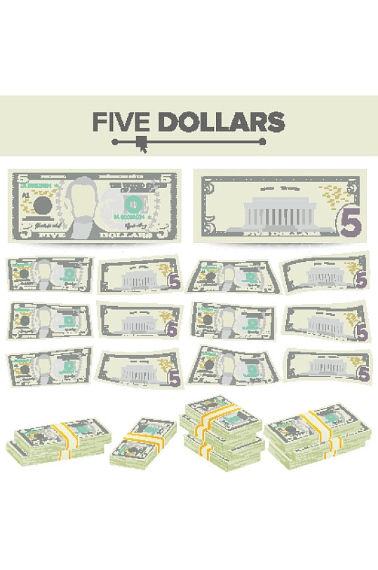 5美元钞票矢量卡通美国货币五美国金融
