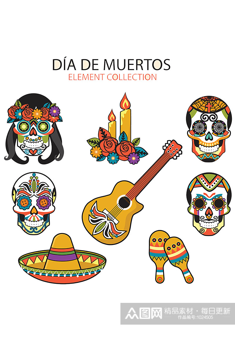 墨西哥艺术头骨纹身矢量图素材