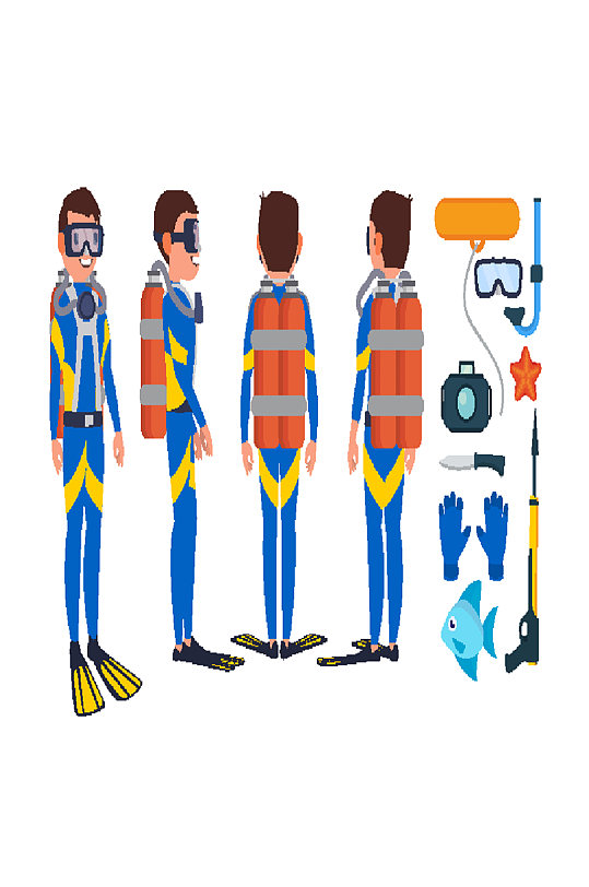 潜水员矢量水下的在海底潜水平面卡通