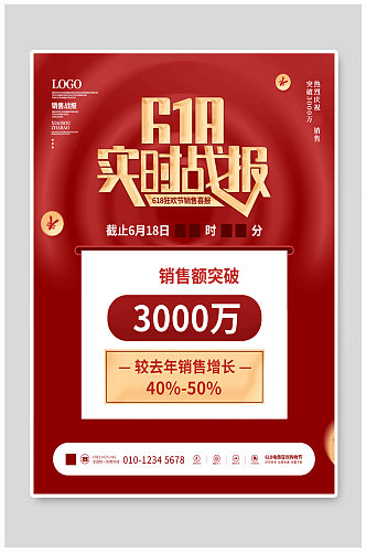 红色简约创意618战报喜报动态促销海报