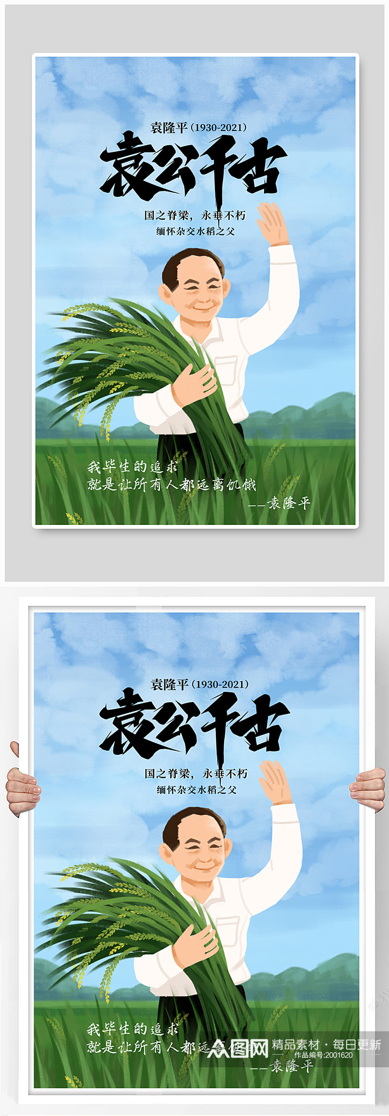 纪念袁隆平水稻绿色插画海报素材