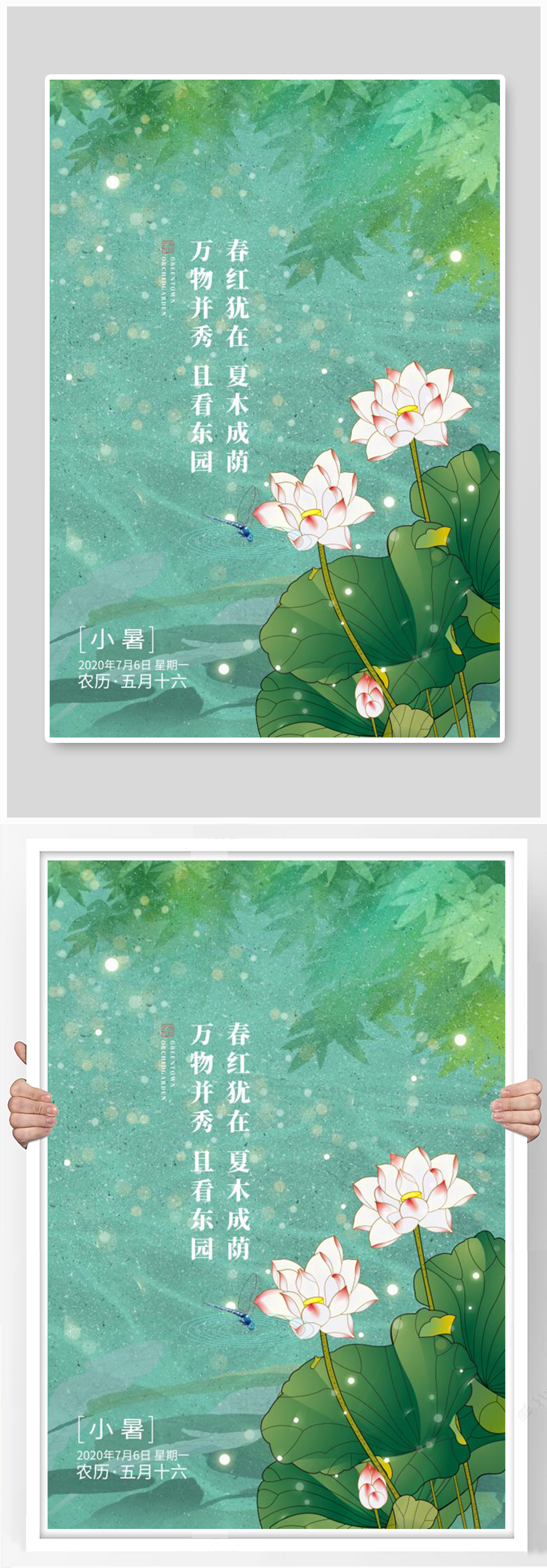 小暑荷花绿色简约海报素材