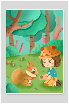 小女孩与松鼠森林治愈系插画海报