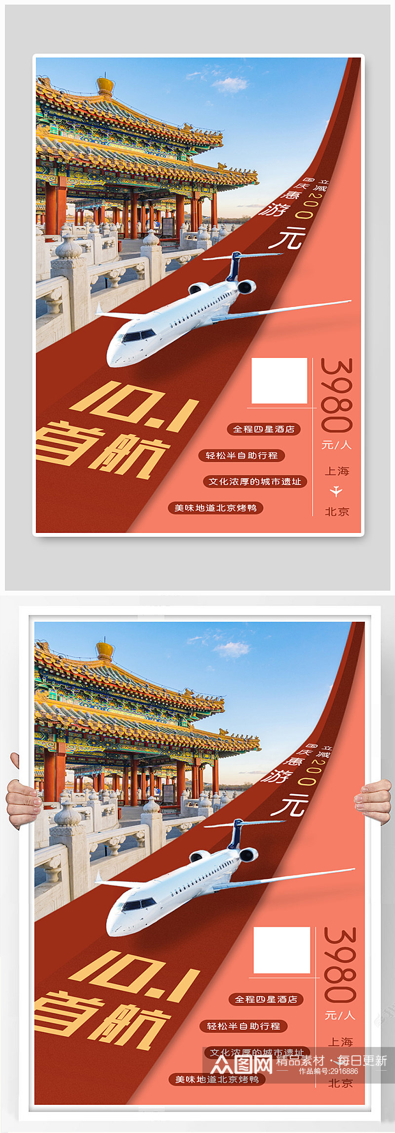 红色创意国庆假期北京旅游指南海报素材