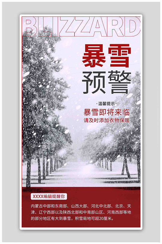 暴雪预警预防雪灾红白色简约海报