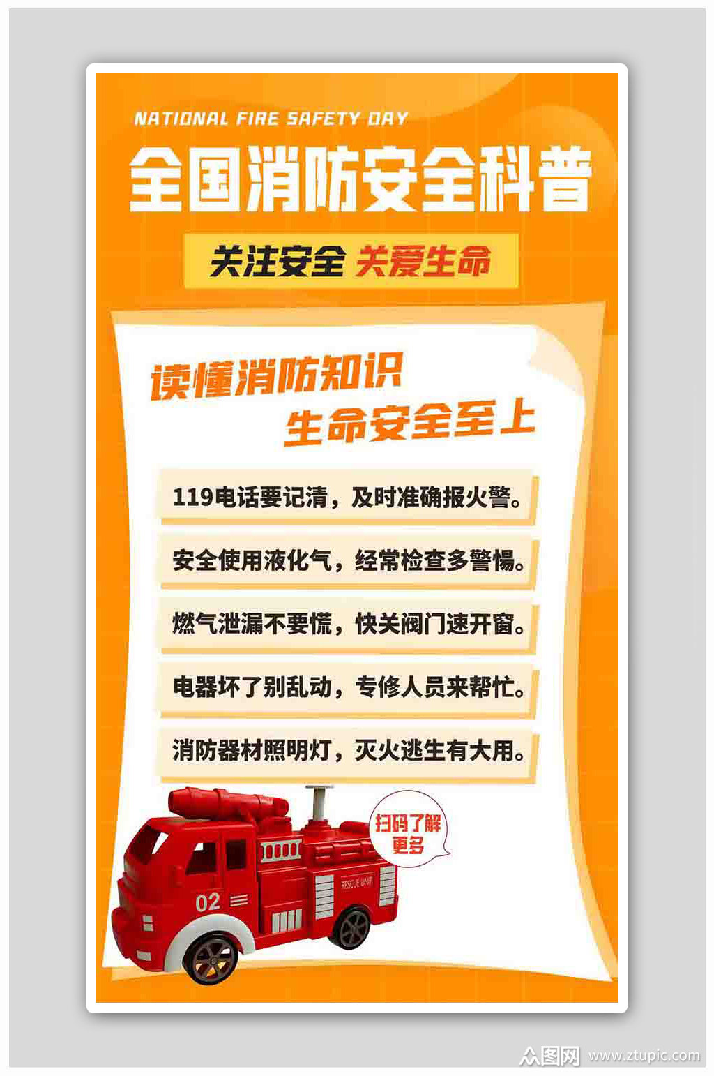 消防安全知识科普橘色扁平海报素材