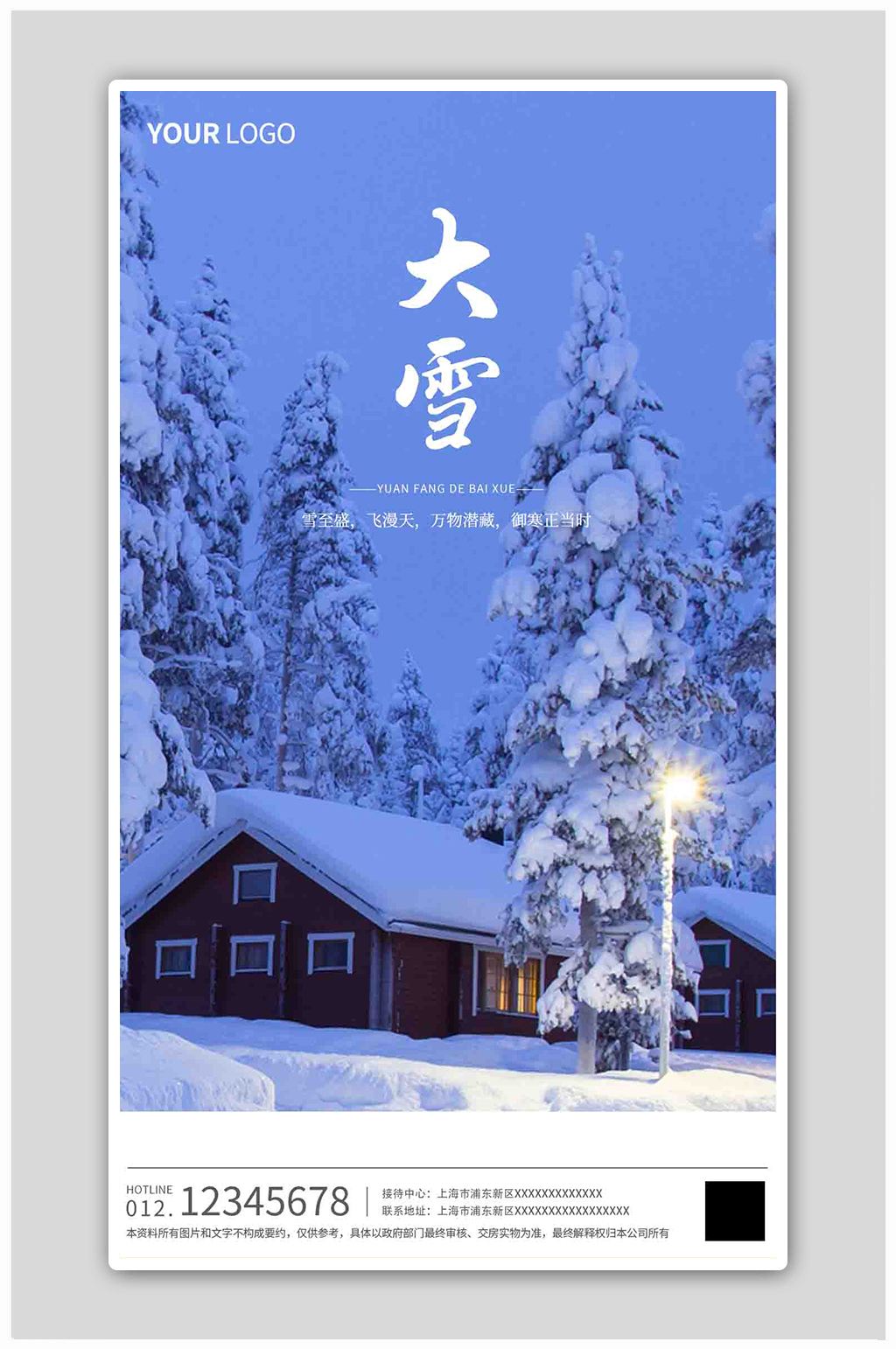 蓝色时尚文艺大气大雪节气寒冬海报素材