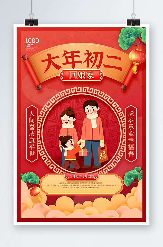 虎年红色初二回娘家春节习俗宣传海报