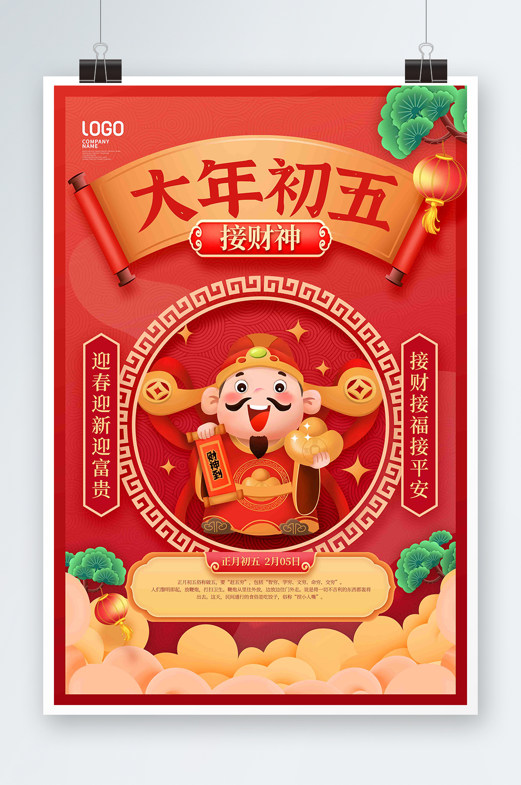 虎年红色初五接财神春节习俗宣传海报素材