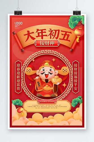虎年红色初五接财神春节习俗宣传海报